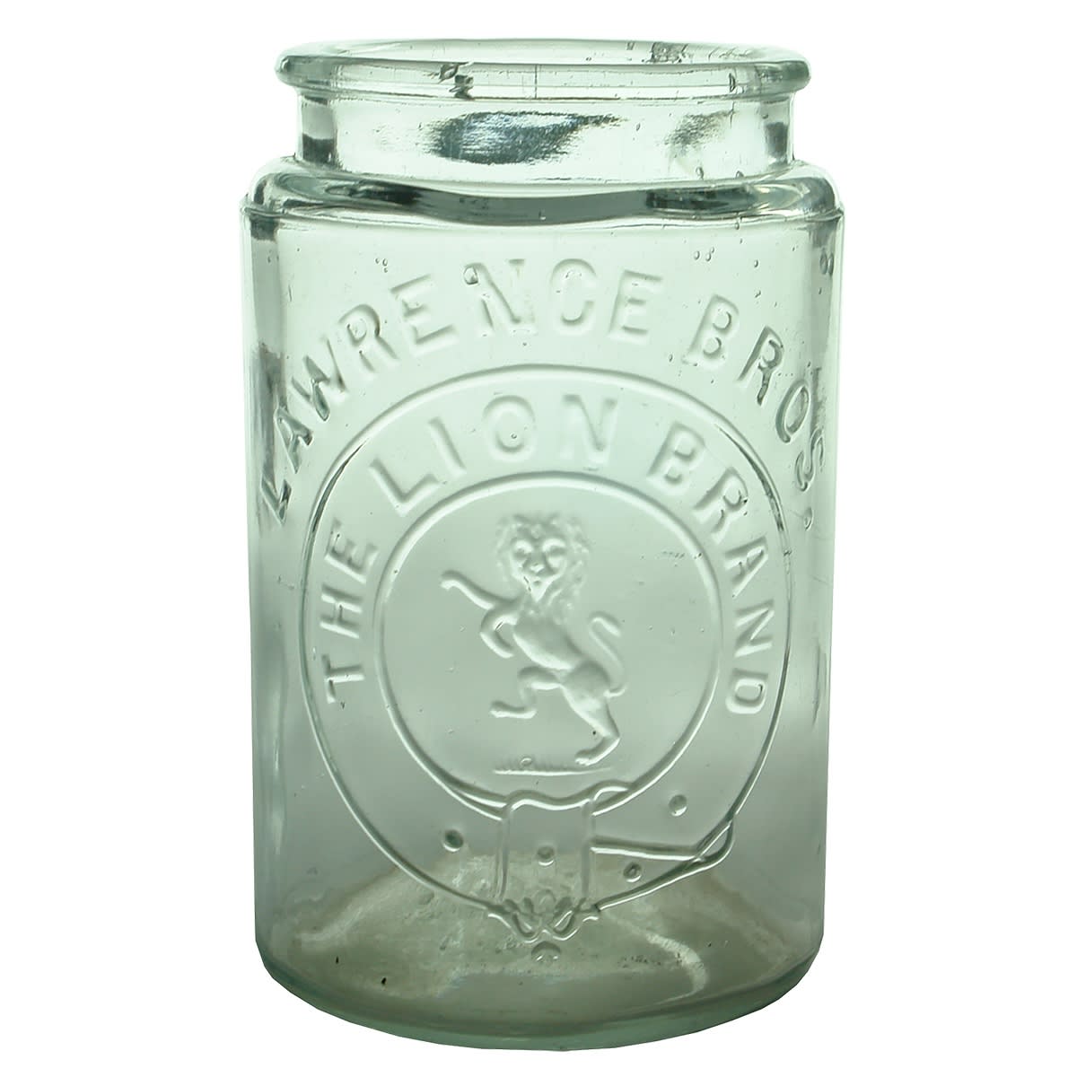 Jar. Lawrence Bros., The Lion Brand. Wide Neck. Clear. 2 Pound. (New Zealand)