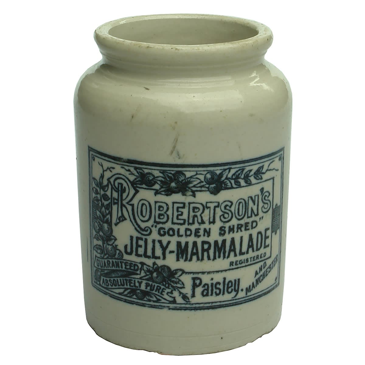 Marmalade Jar. Robertson's Golden Shred Jelly-Marmalade. Paisley and Manchester. Black print on white pottery.