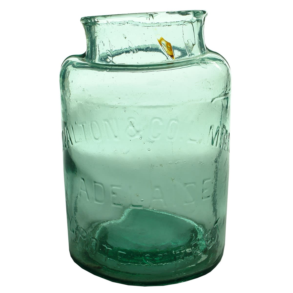 Lolly Jar. A. Walton & Co Limited, Grote Street, Adelaide. Aqua. Half Gallon. (South Australia)