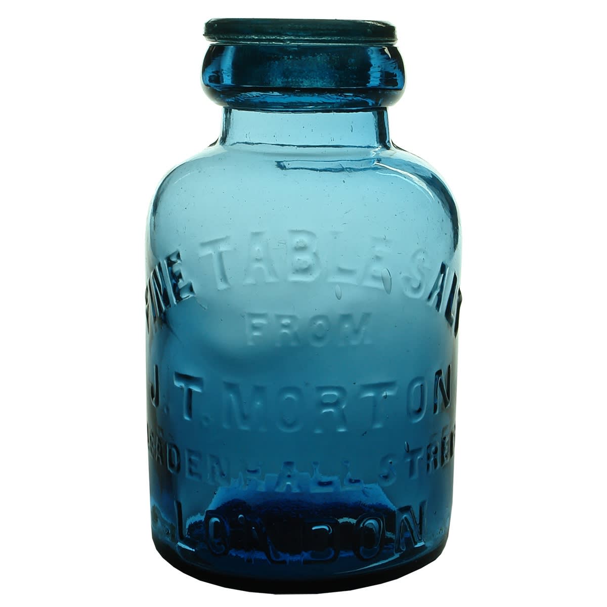Salt Jar. J. T. Morton, Leadenhall Street, London. Mid Blue. 2 Pound.
