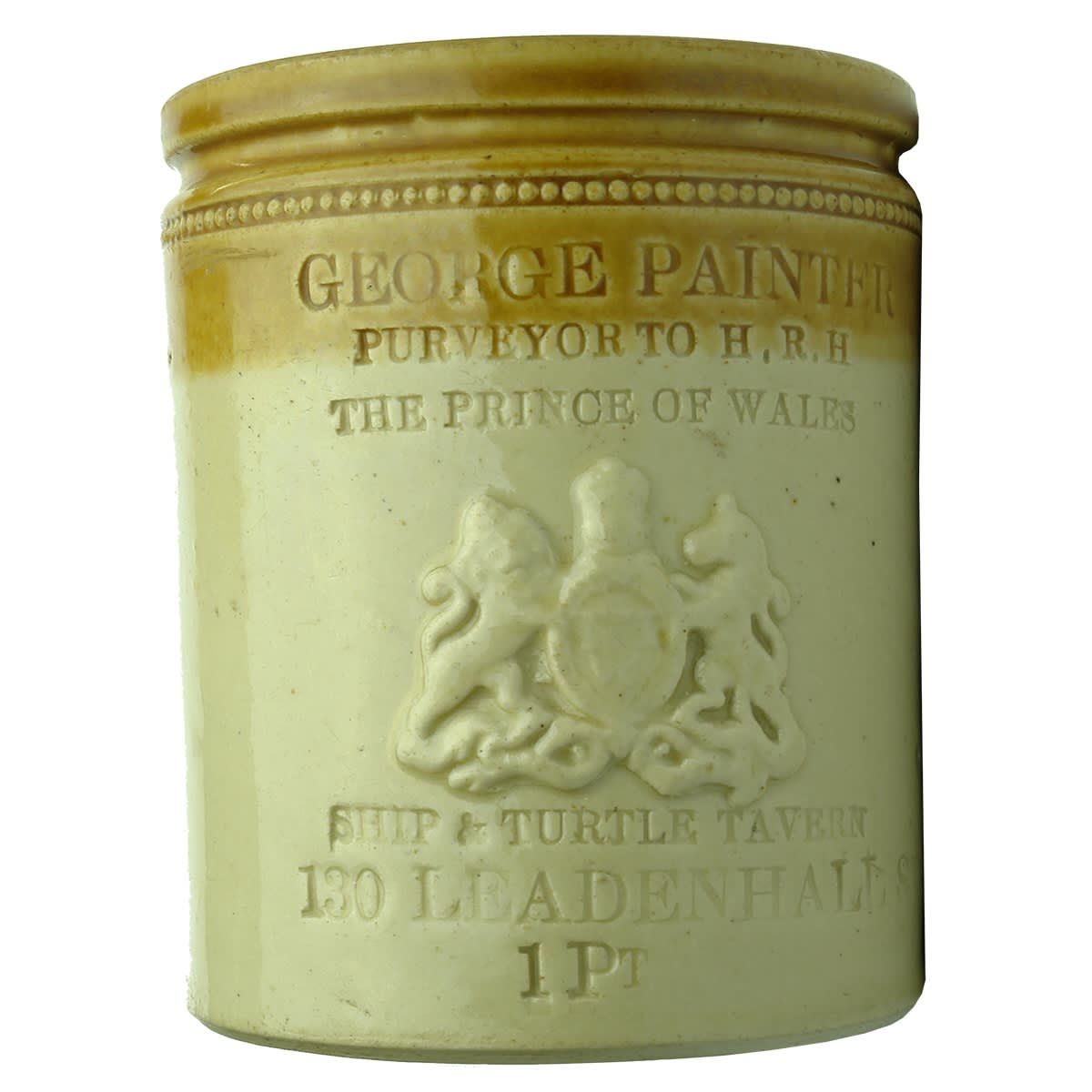 Jar. George Painter, Ship & Turtle Tavern, 120 Leadnhall St. Turtle Soup. Impressed and applied seal. Two tone. 1 Pint. (London, United Kingdom)