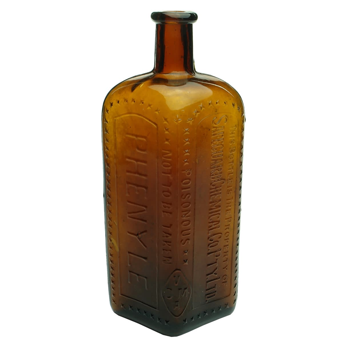 Poison. Safeguard Chemical Co. Pty. Ltd. With This bottle is the Property of embossing. Amber. Tool finished lip. 26 oz. (Victoria)