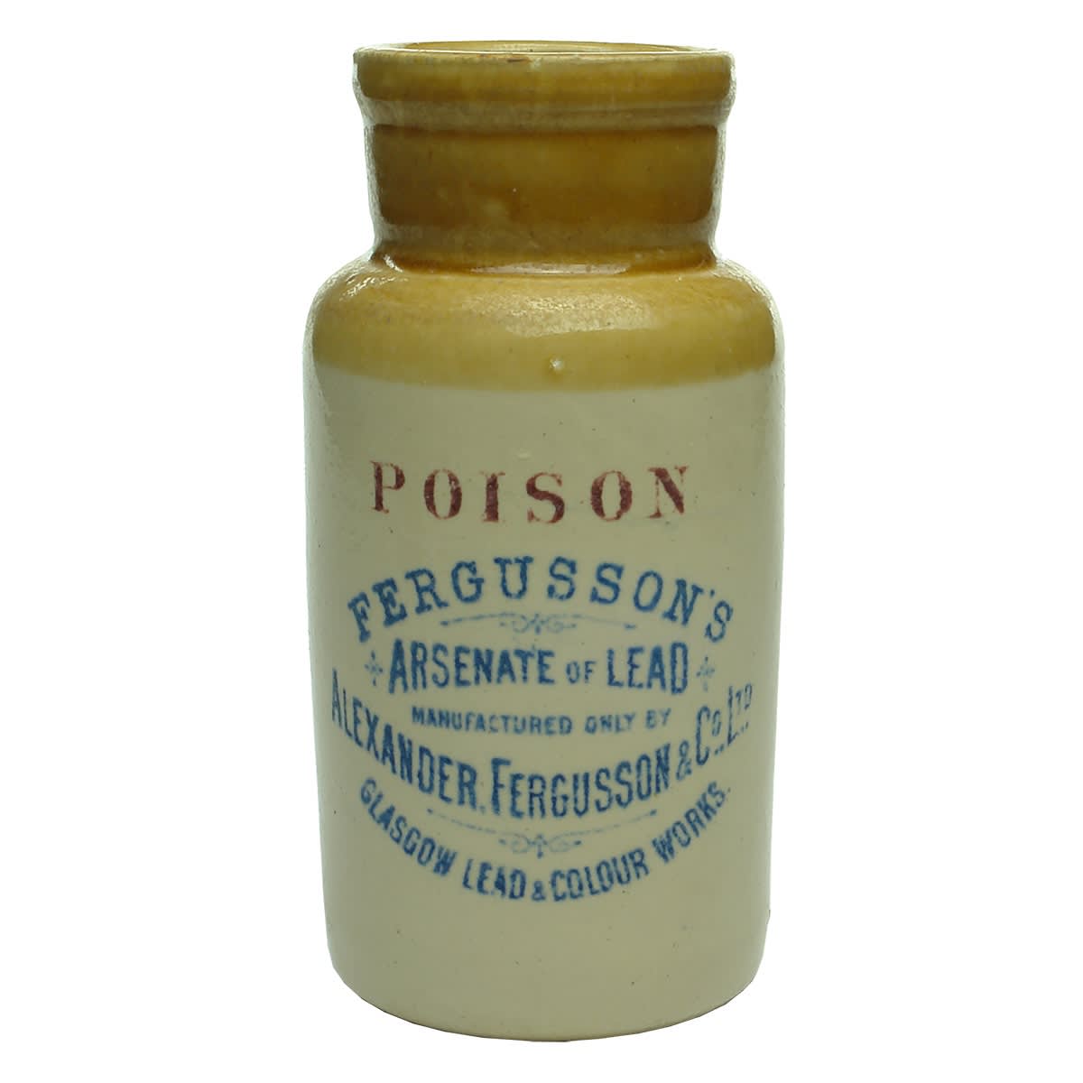 Stoneware Poison Jar. Fergusson's Arsenate of Lead. Glasgow. Blue & Red Print. Medium size. 149 mm.