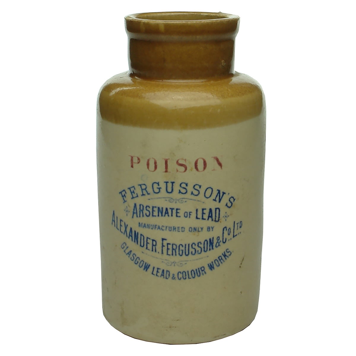 Poison Jar. Fergusson's Arsenate of Lead. Tan Top. Blue & Red Print. 171 mm.