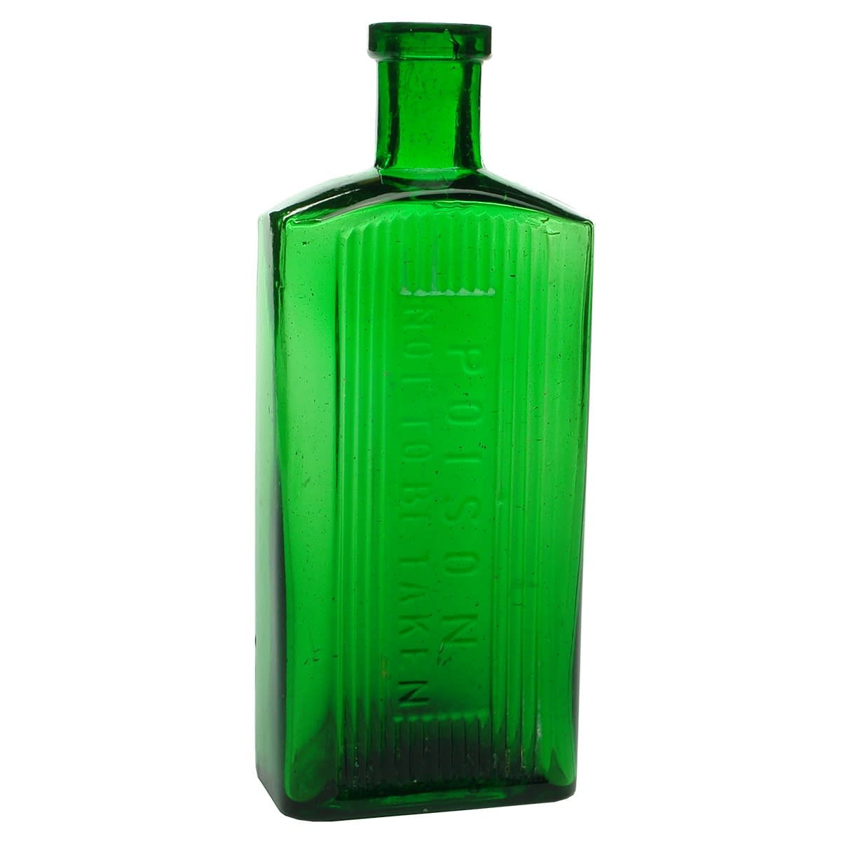 Poison. Large Oblong Poison Not to be taken. Vertical ribs either side and above and below the embossing panel. Bright Green. 12 oz. 185 mm.