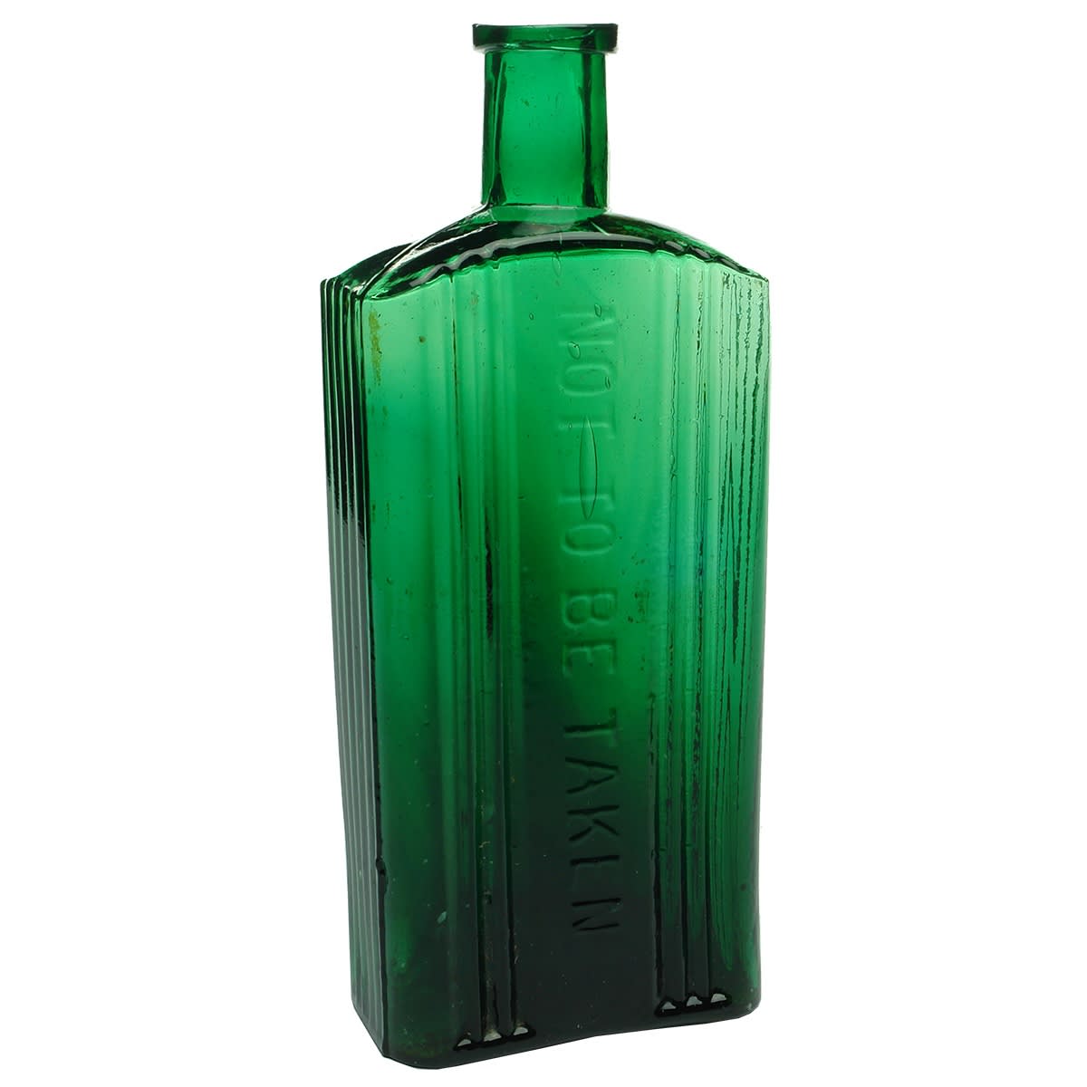 Poison. Not to be Taken. Vertical grooves either side of embossing and down the sides. Rectangular. Dark Emerald Green. 20 oz. 212 mm.