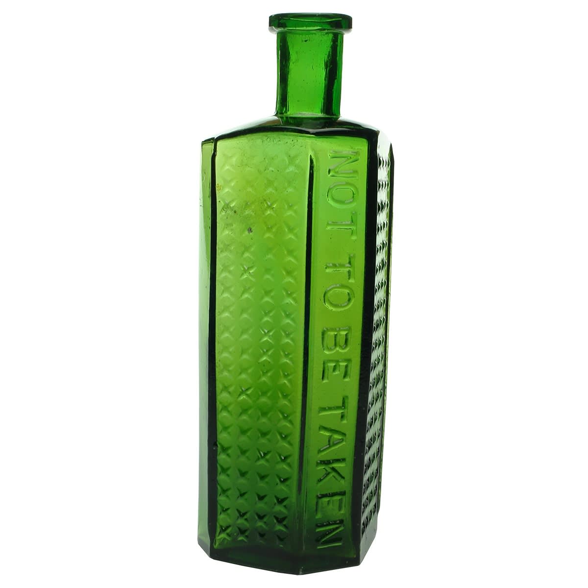 Poison. Not to be taken. Rd No. 334871. Lewis & Towers Practical Poison Bottle. Irregular Hexagon. Green. 20 oz. 219 mm