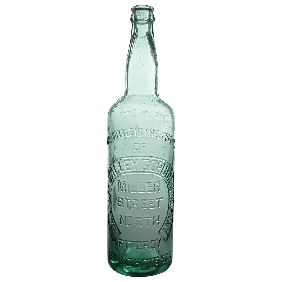 Crown Seal. Moonee Valley Cordial Company, Miller Street, North Fitzroy. Horseshoe. Shouldered cylinder. Aqua. 26 oz. (Victoria)