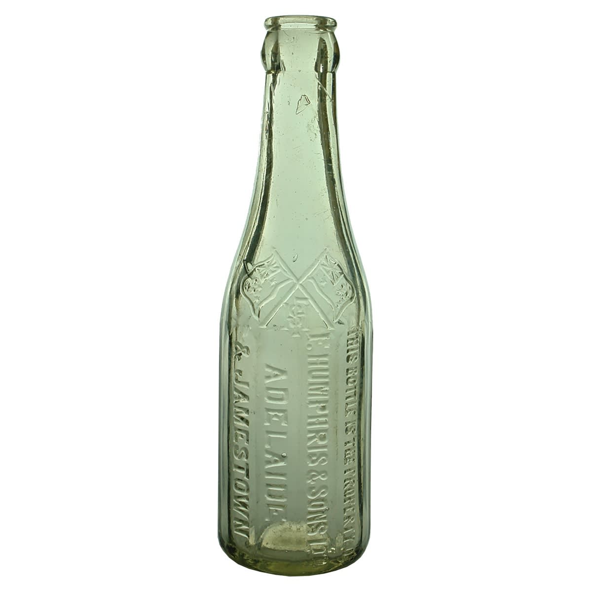 Crown Seal. F. Humphris & Sons Ltd., Adelaide & Jamestown. Panelled. Crossed Flags. Clear. 6 oz. (South Australia)