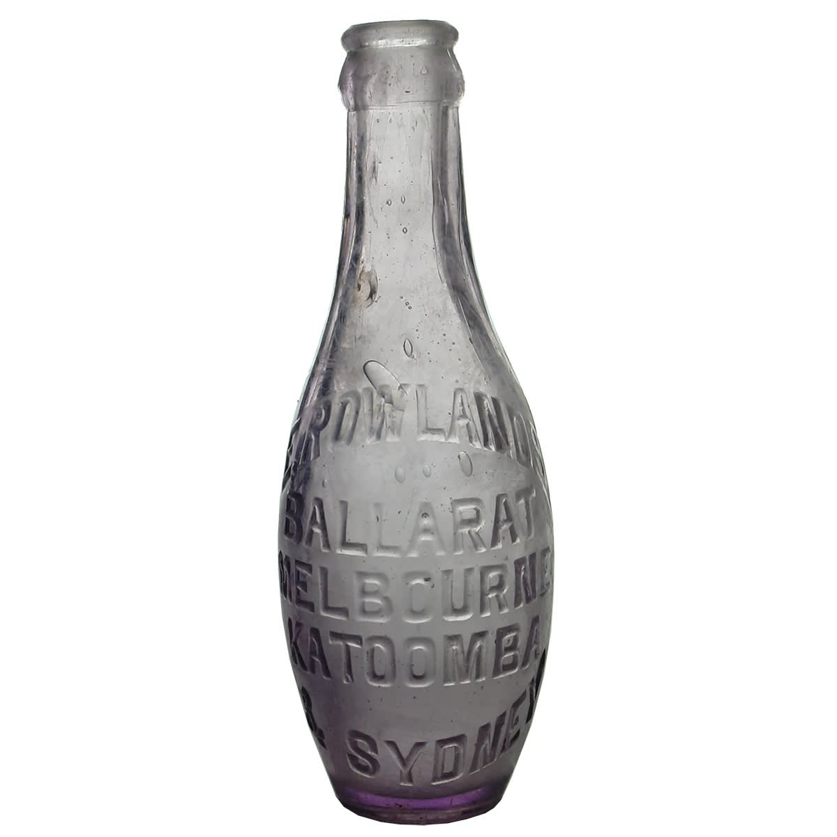 Crown Seal. E. Rowlands, Ballarat, Melbourne, Katoomba & Sydney. Skittle. Amethyst. 6 oz. (Victoria, New South Wales)