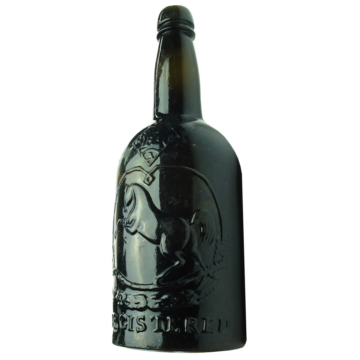 Beer. Black Horse Ale. Black Glass. Squat. 26 oz. Standard lip with collar. (United Kingdom)