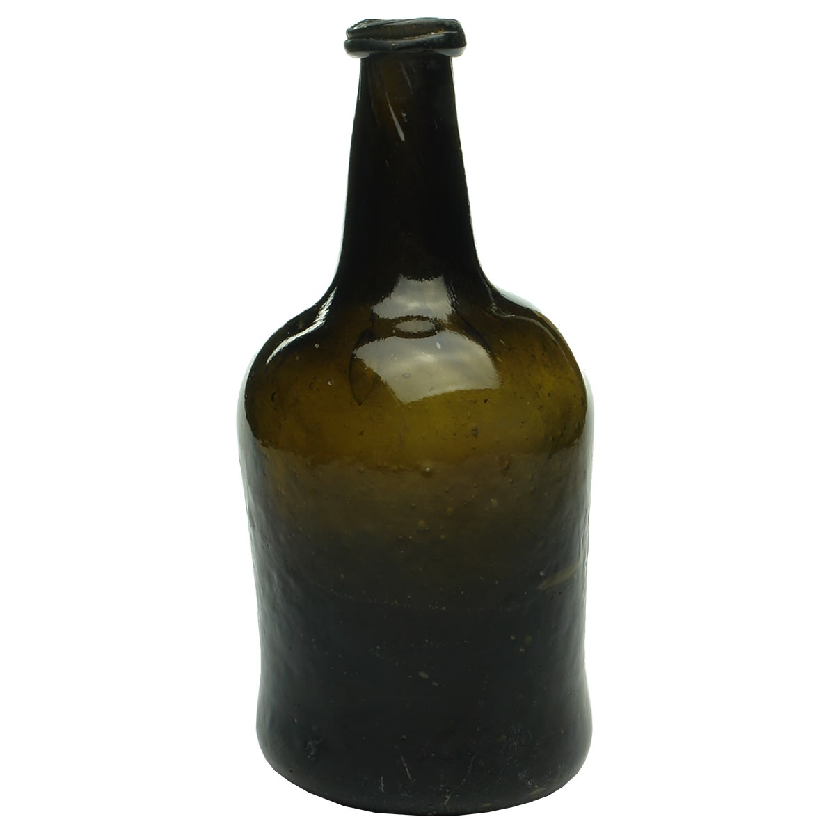 Black Glass. English Mallet shaped squat black. Wide pontil scar to base.