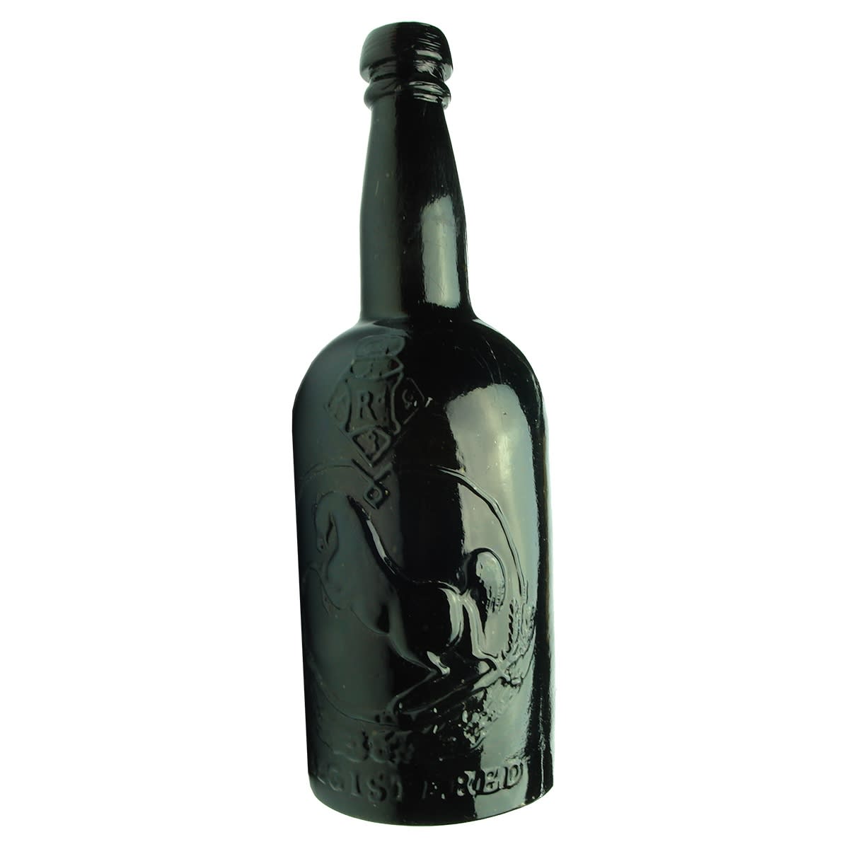Beer. Black Horse Ale. Black Glass. Squat. 26 oz. Mushroom top. (Tooth & Co., Kent Brewery)