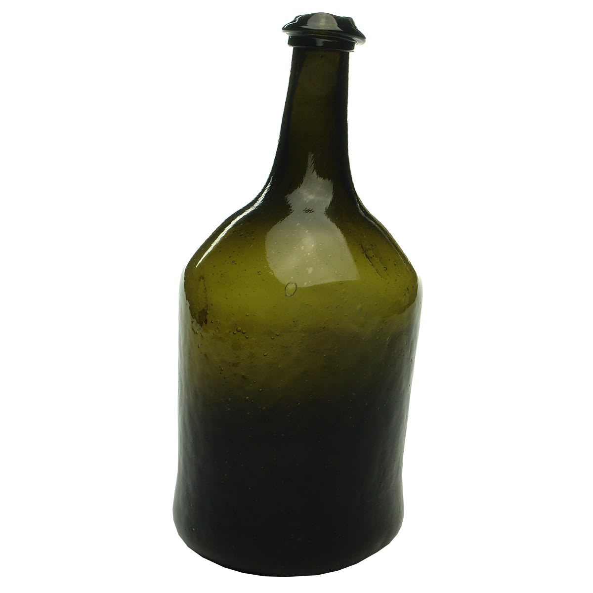 Black Glass. English Mallet shaped squat black. Wide pontil scar to base with lots of extra glass - be careful this is very sharp!