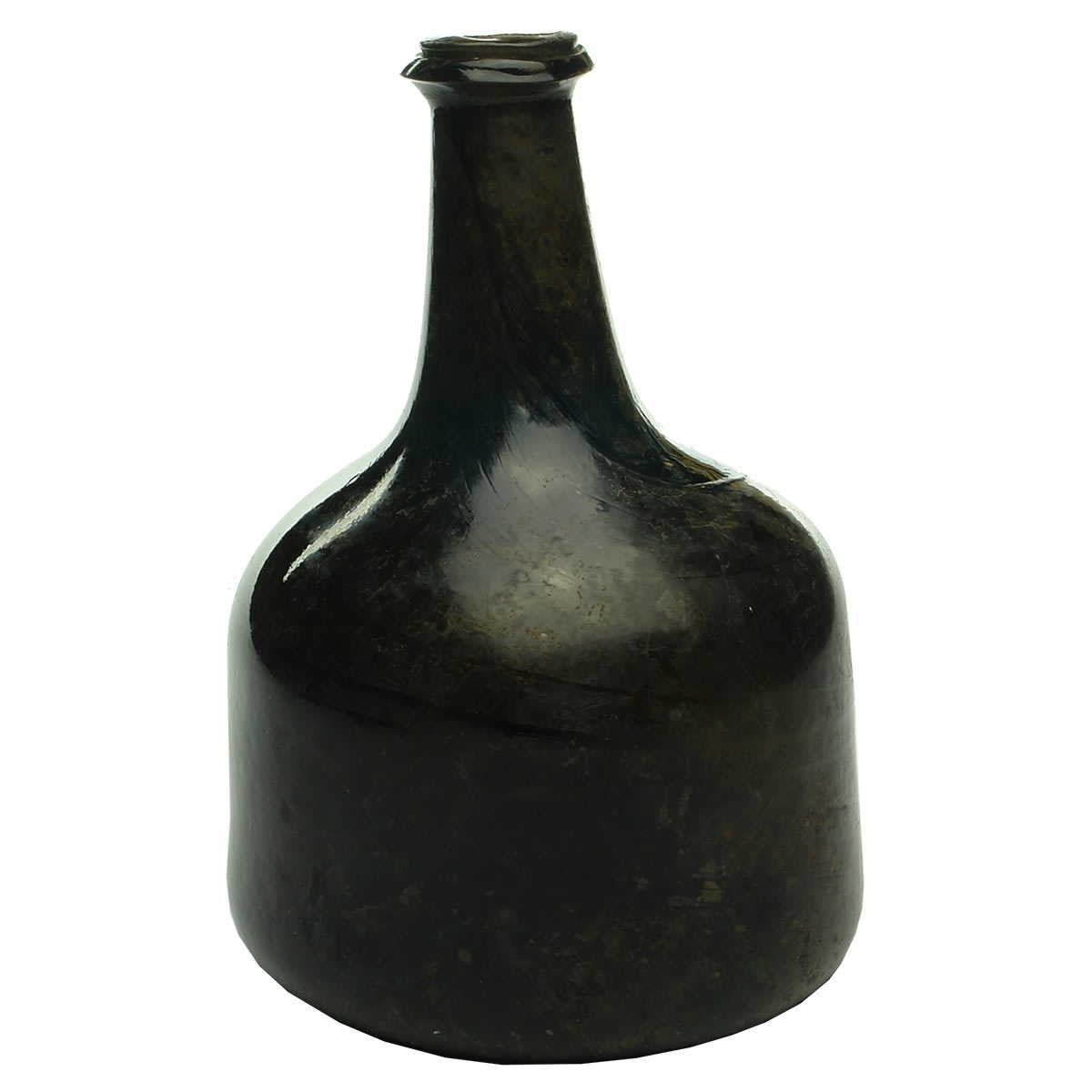 Black Glass. English transitional Onion to Mallet shape. Thin applied top. Wide pontil scar to base.