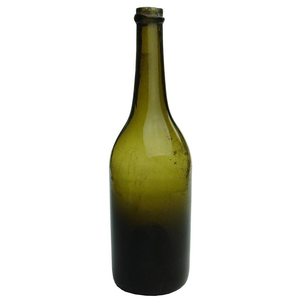 Wine. Dutch Flowerpot type black glass bottle (Olive green). Sloping shoulder and long neck. Sharp top. Deep punt with pontil scar.