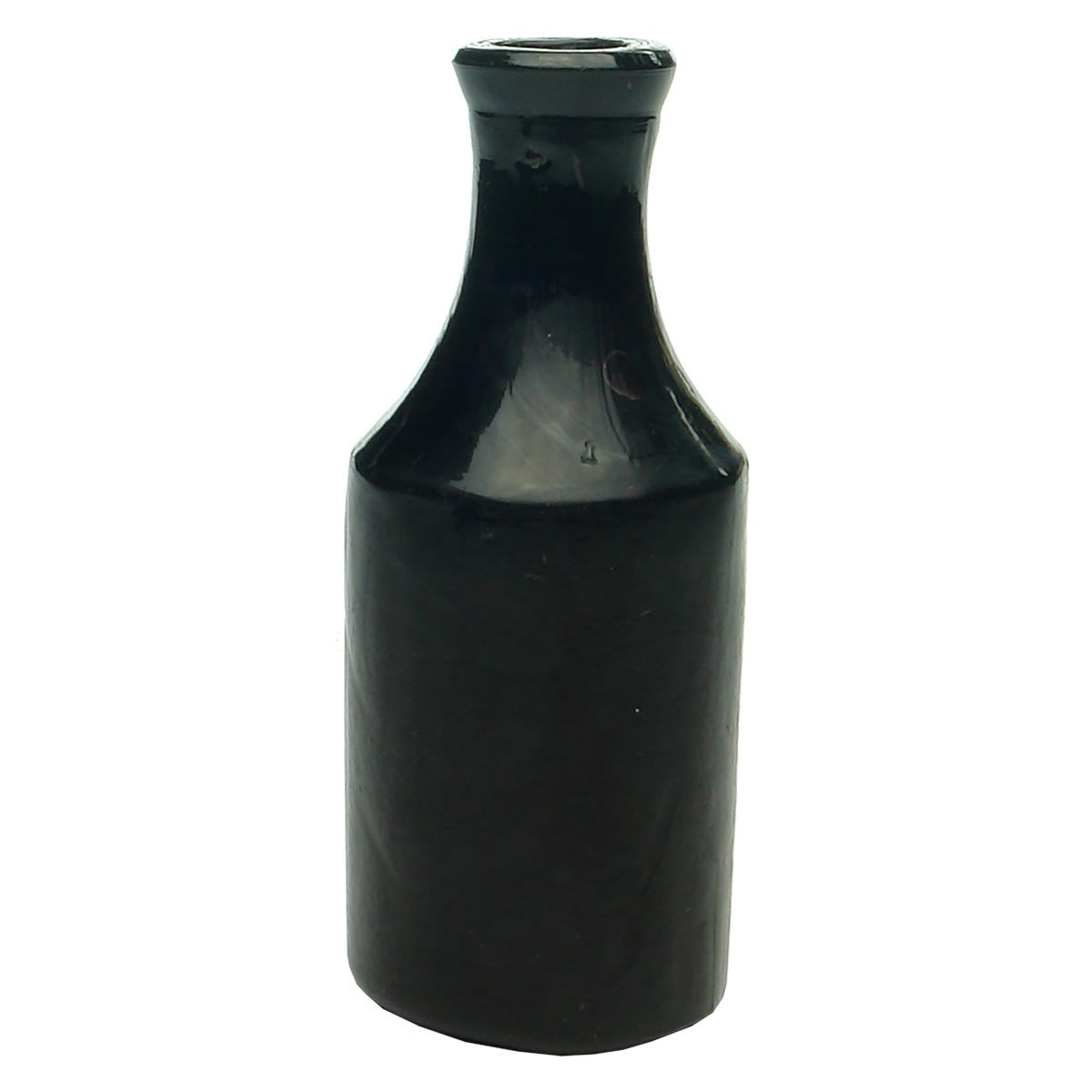 Small black glass Polish type bottle. No markings. Dark Purple/Ruby glass under very strong light.