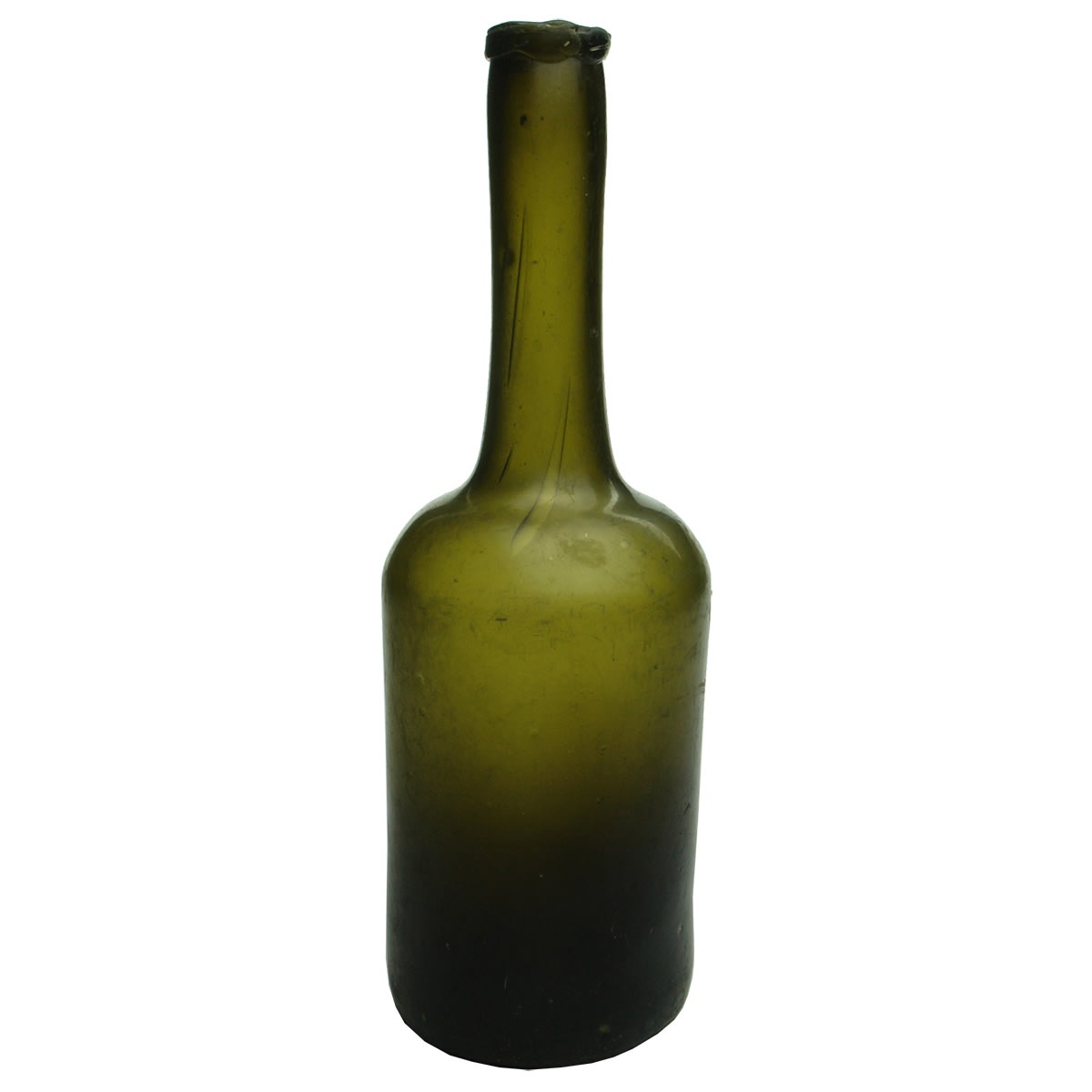 Wine. Dutch Flowerpot type black glass bottle (Olive green). Long stretched neck. Large pontil scar.