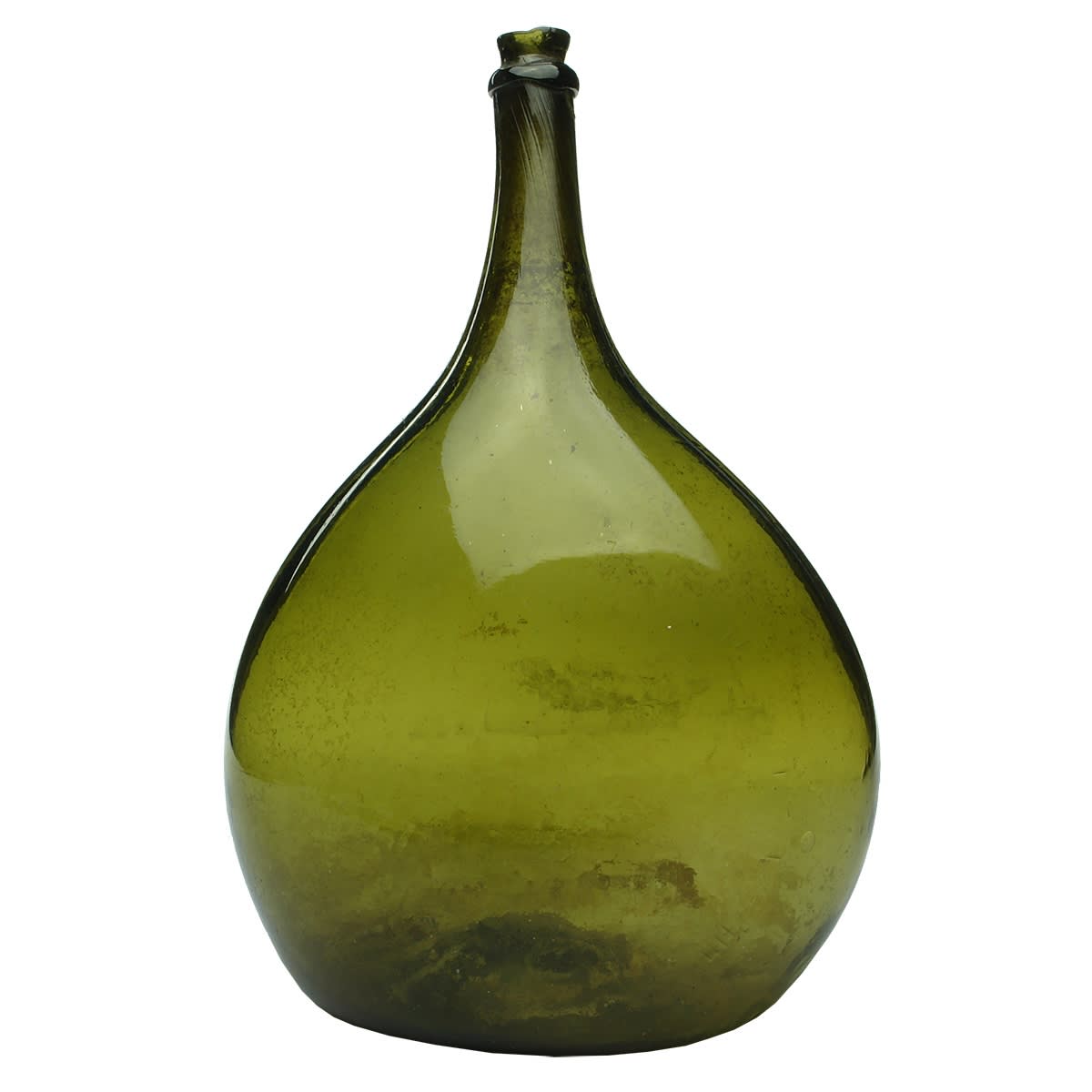 Early Glass. Large Bladder Shaped Black Bottle, Very Narrow Lip, with Pontil.