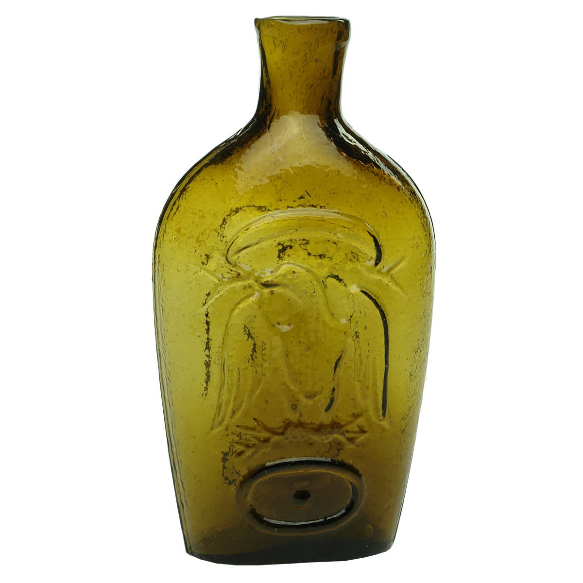 American Commemorative Flask. Eagle, Ribbon & Oval to both sides. Amber/Olive. About 6 oz. 154 mm. Pontil scar to base.