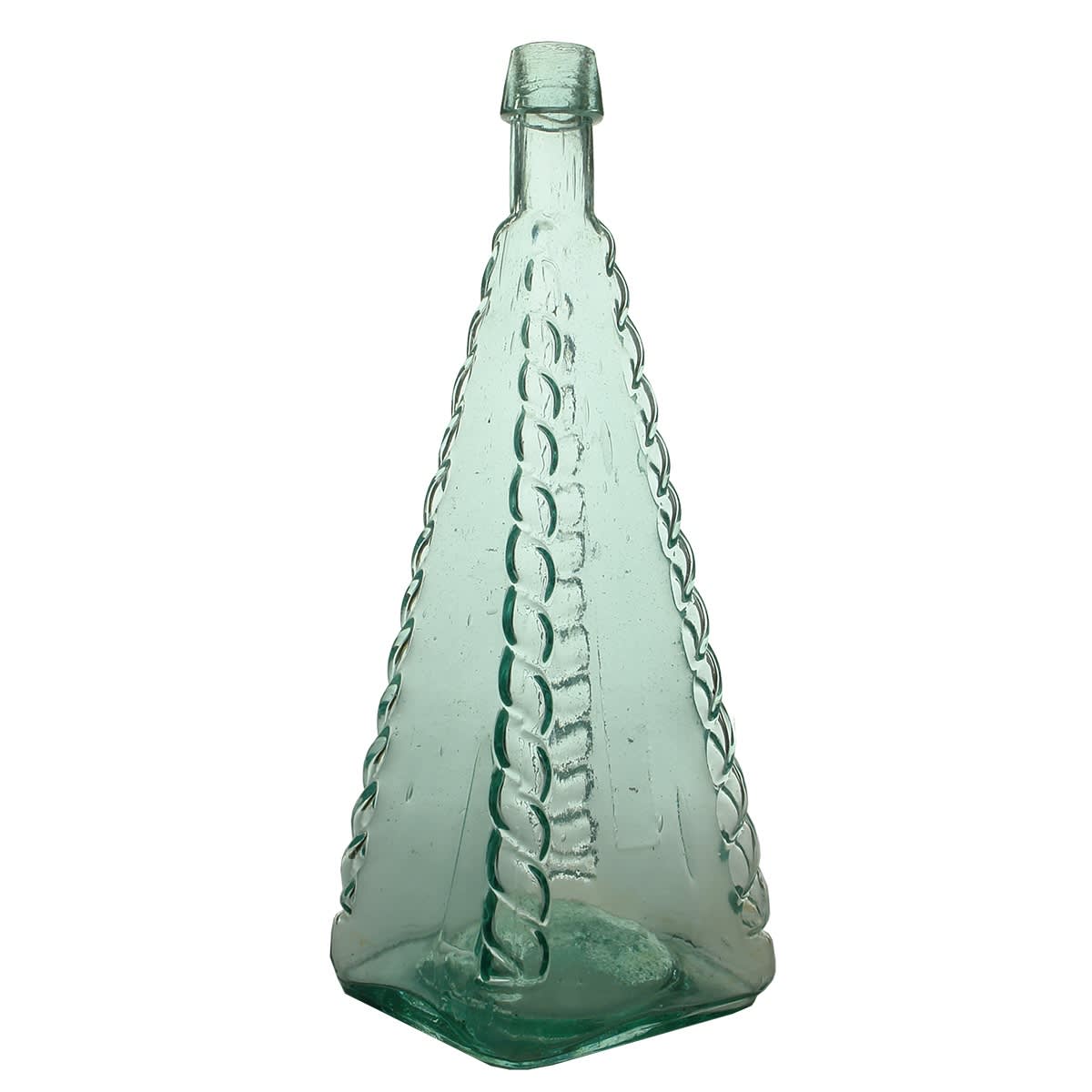 Goldfields Pepper Sauce. Pyramid shape. Rope pattern to edges. Wide pontil scar. 20 oz.