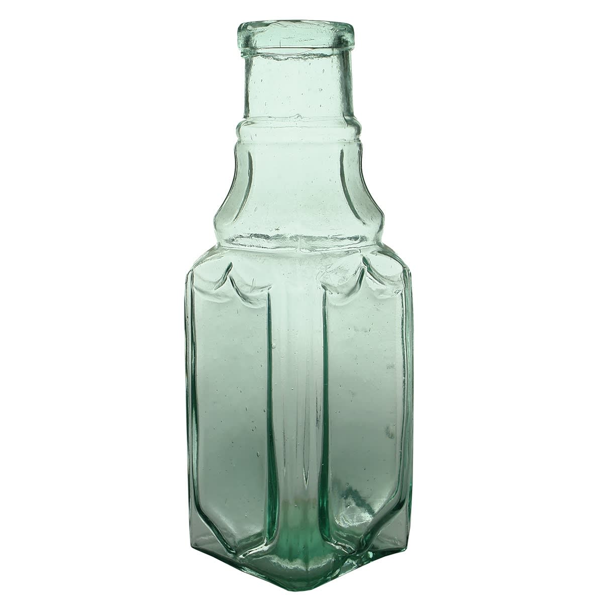 Goldfields. Square Shield Pickle. Square with Shield shapes to three sides. Octagonal facetted neck. Aqua. 1 Pint. (United Kingdom) (Late Kingsley Durdin collection)