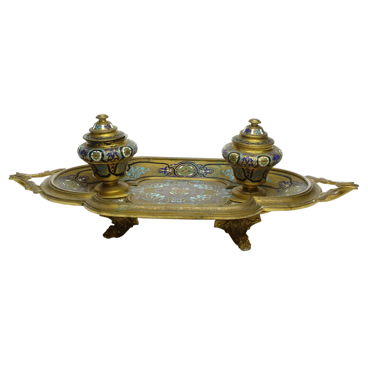 Large French Bronze inkstand. Multi-coloured enamel decoration.