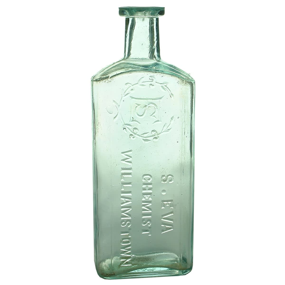 Chemist. S. Eva, Williamstown. Monogram and Wreath, Aqua. 8 oz. 170 mm. (Victoria)