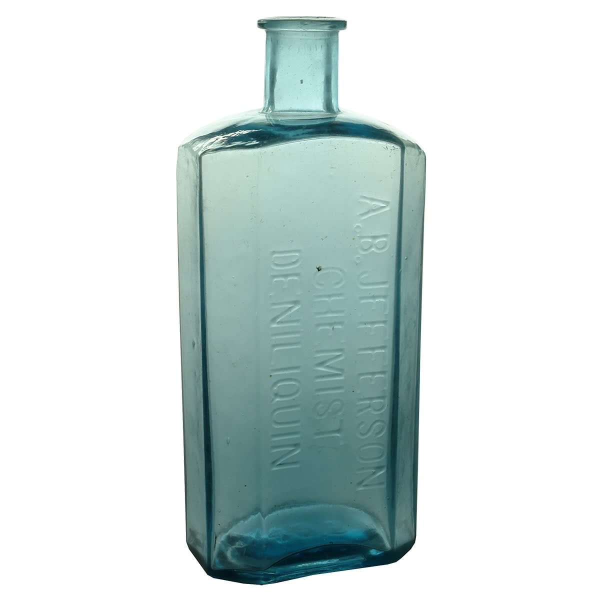 Chemist. A. B. Jefferson, Deniliquin. Ice Blue. Very bulky bottle. 12 oz. 185 mm. (New South Wales)