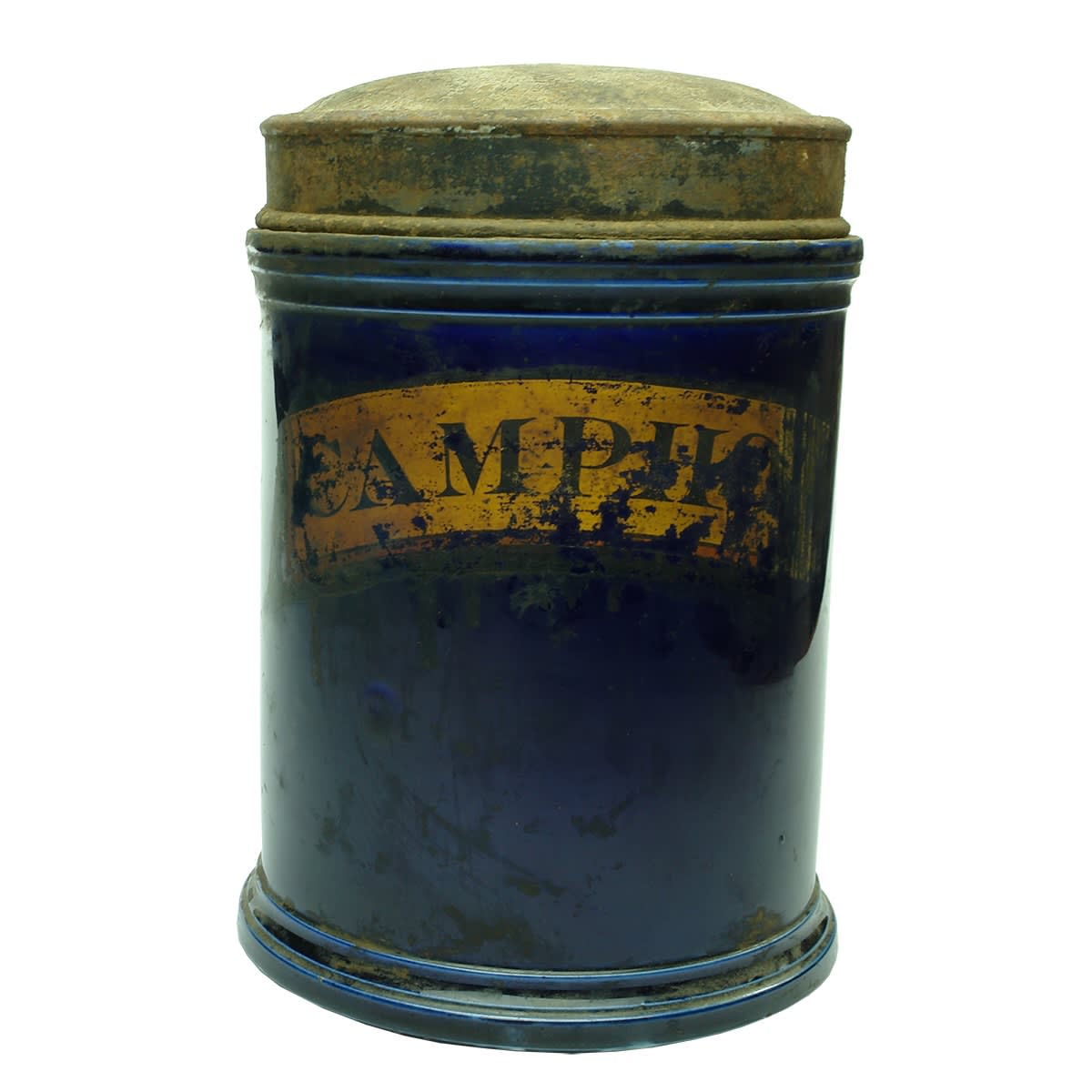 Large blue Pharmacists or Chemists Canister. Camphor. Blue porcelain. Original tin lid.