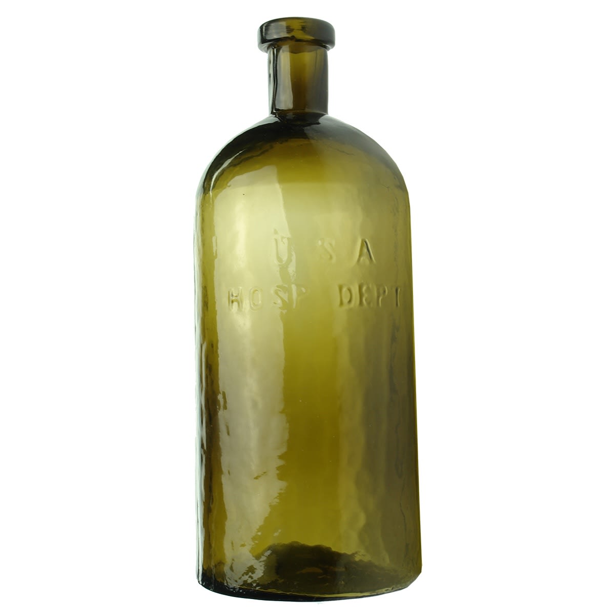 Reproduction Medicine. U S A Hosp Dept. Hospital Department. Tube pontil scar to base. Applied single collar top.  Note again this is a reproduction made in the early 2000s. (USA)