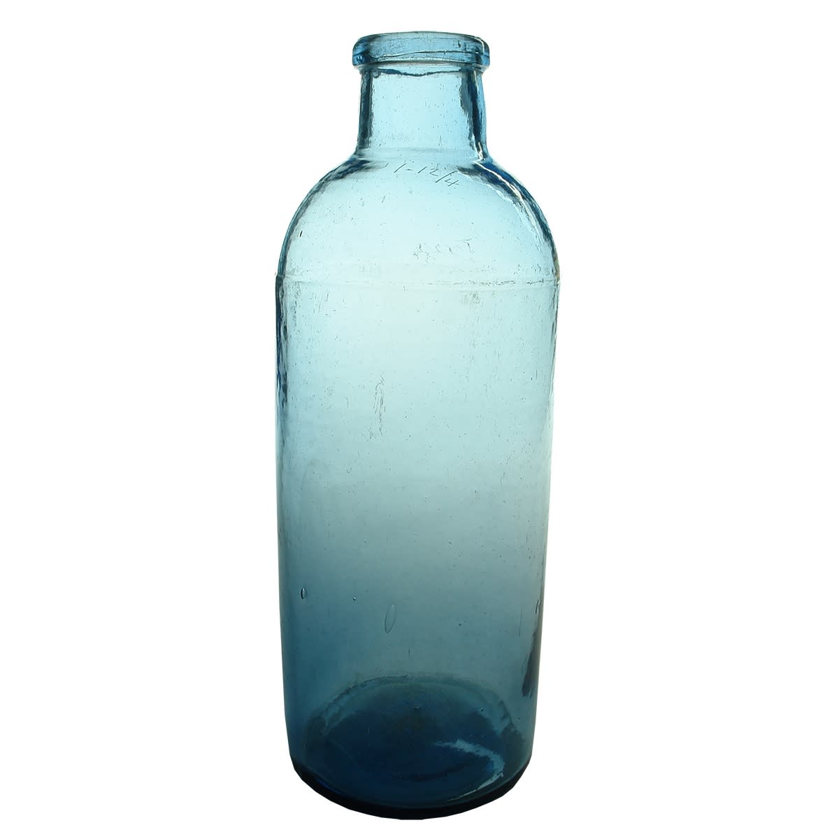 Large Chemists type jar. Three piece mould. Ice Blue. Finely 1-12/4 scratched into the shoulders
