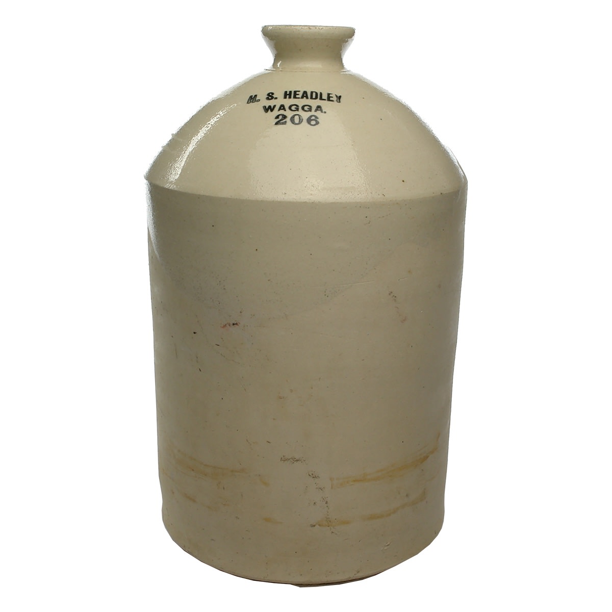 Demijohn. H. S. Headley, Wagga. 206. No potters stamp. All White. Black Print on shoulder. Mostly unglazed wicker basket type. 2 Gallon. 364 mm. (New South Wales)