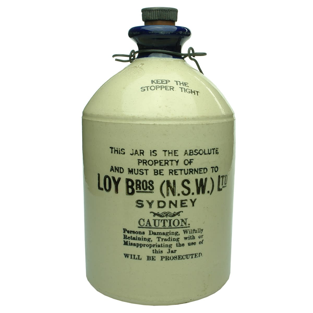 Demijohn. Loy Bros (N. S. W.) Ltd, Sydney. Blue Lip. Half Gallon. (New South Wales)