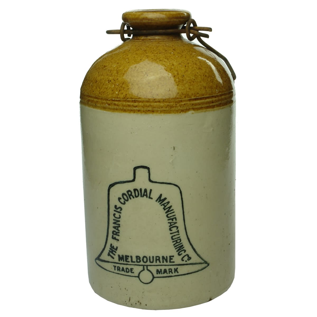 Demijohn. The Francis Cordial Manufacturing Co., Melbourne. Printed. Tan Top. Internal Thread. 1/2 Gallon. (Moonee Valley Company, Victoria)