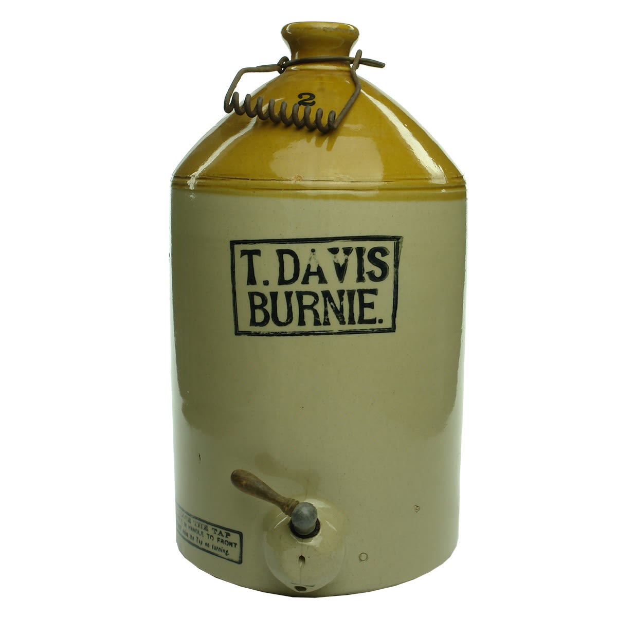 Demijohn. T. Davis, Burnie. Internal Thread. Tan Top. 2 Gallon. (Tasmania)