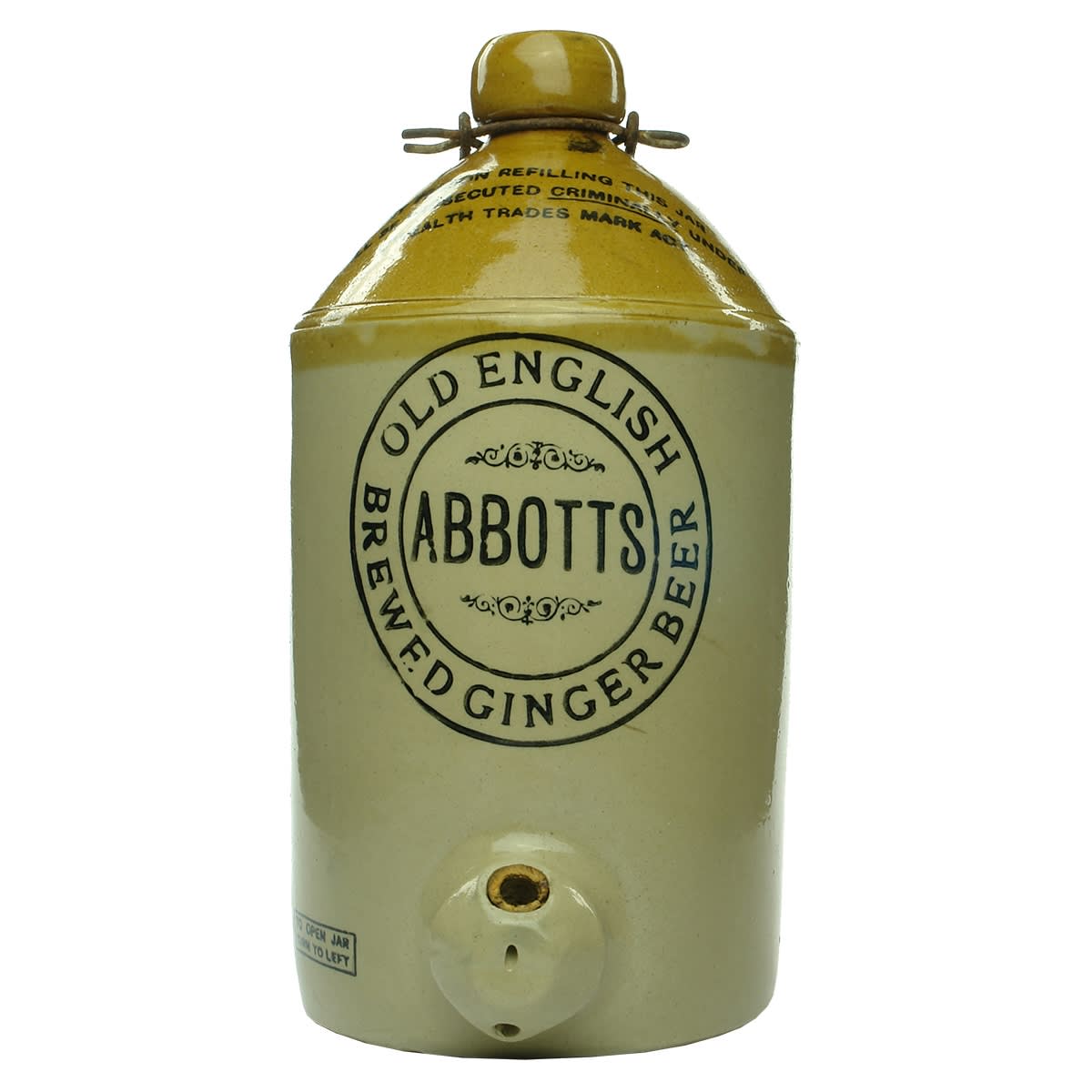 Demijohn. Abbott's Old English Brewed Ginger Beer. Spigot. Pearson, Chesterfield. Tan Top. 1 Gallon. (Tasmania)