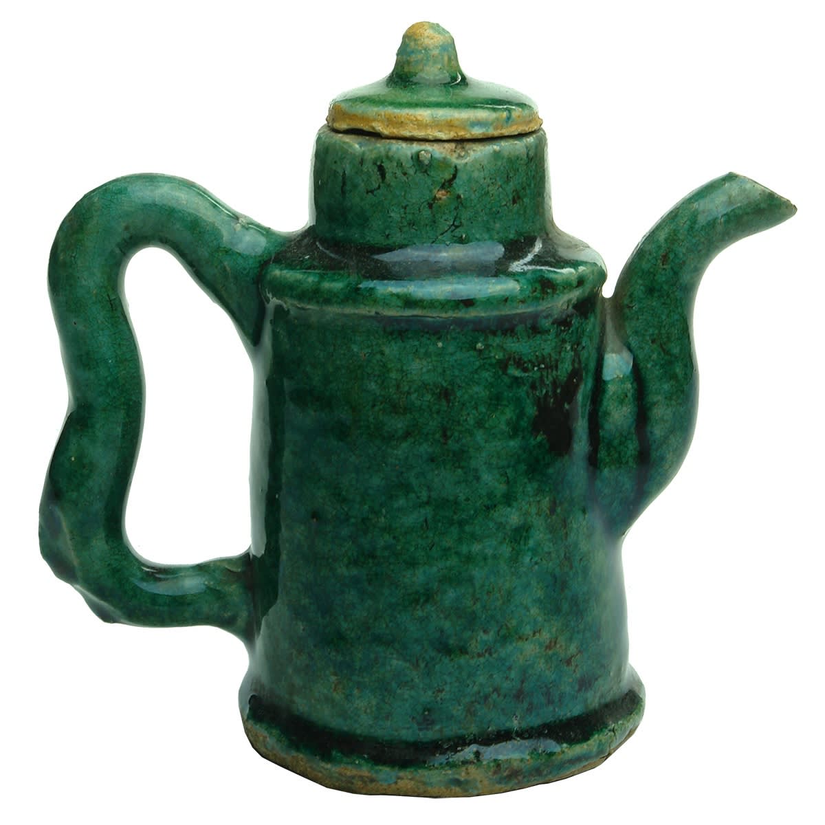Chinese. Jade Coloured Chinese Teapot with Lid. Characters to Base. 115 mm. (China)