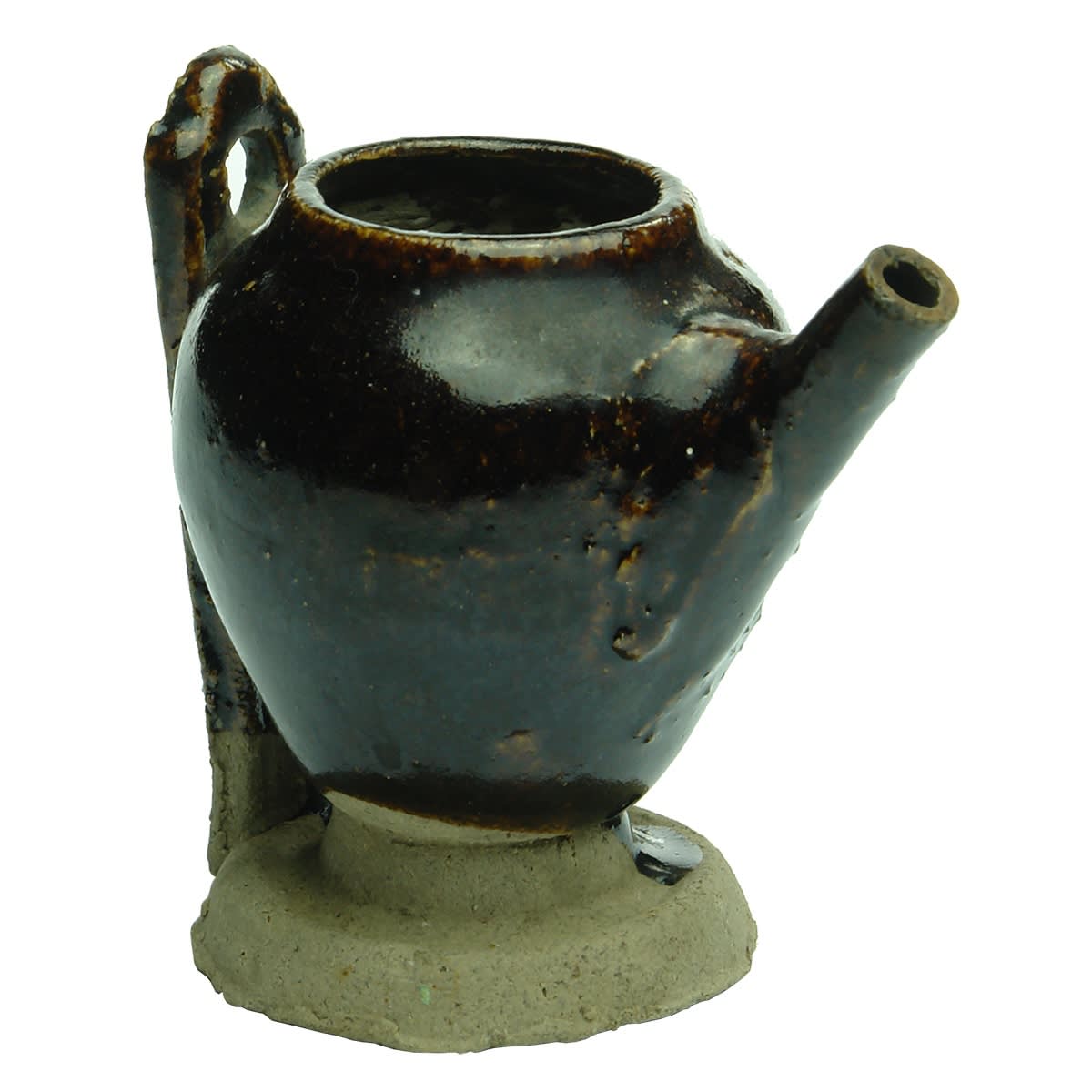 Chinese. Small Chocolate Wall Mount Wide Mouth Pot with Spout. (Incense Burner?) 83 mm mounting backplate.