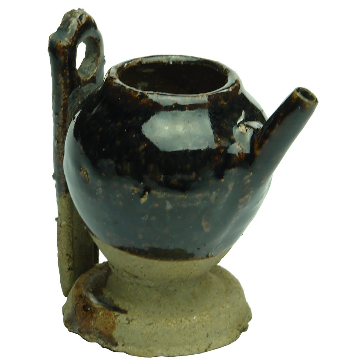 Chinese. Small Chocolate Wall Mount Wide Mouth Pot with Spout. (Incense Burner?) 85 mm mounting backplate.