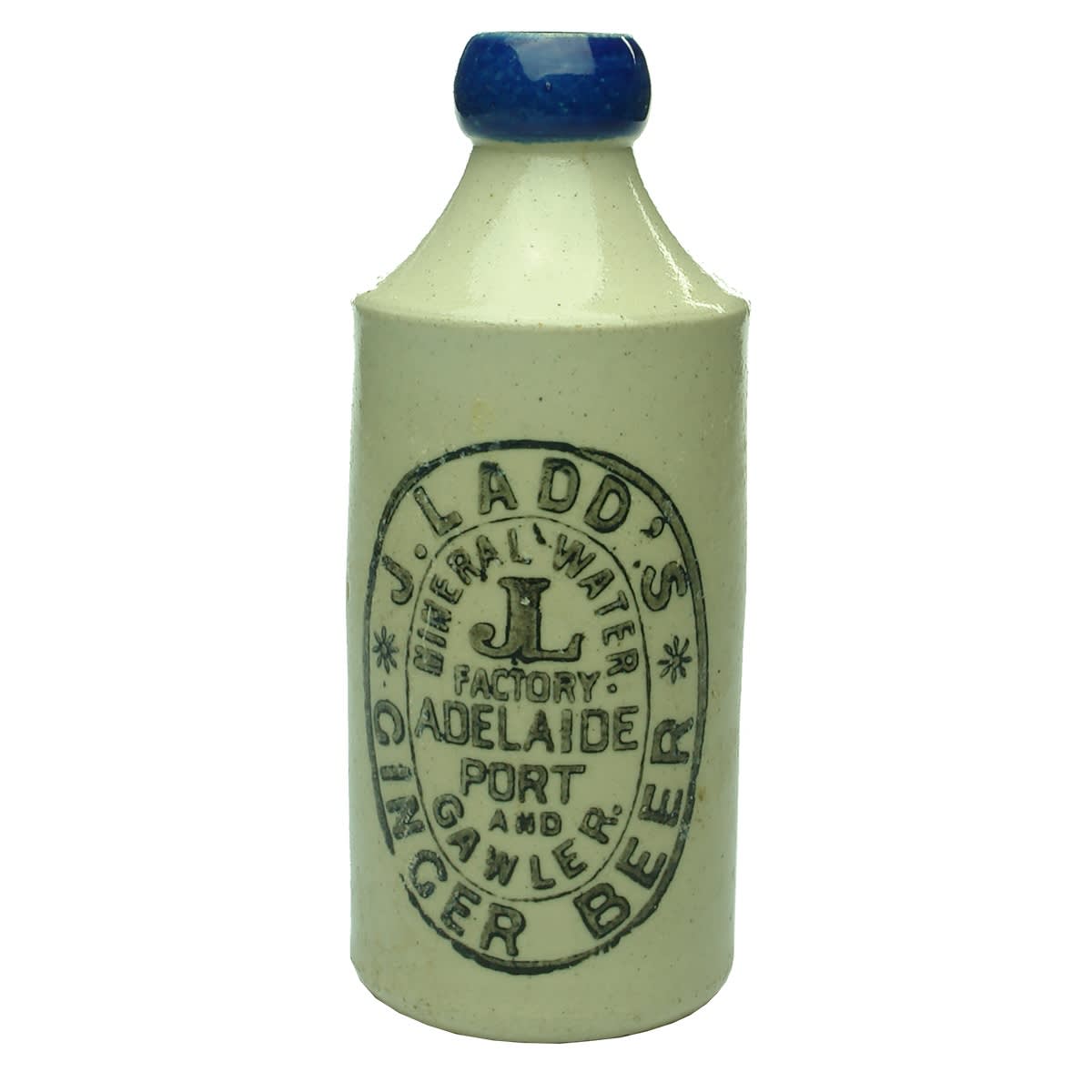 Ginger Beer. J. Ladd's, Adelaide, Port and Gawler. Cork stopper. Blue Lip. Mauri Bros & Thomson. 10 oz. (South Australia)