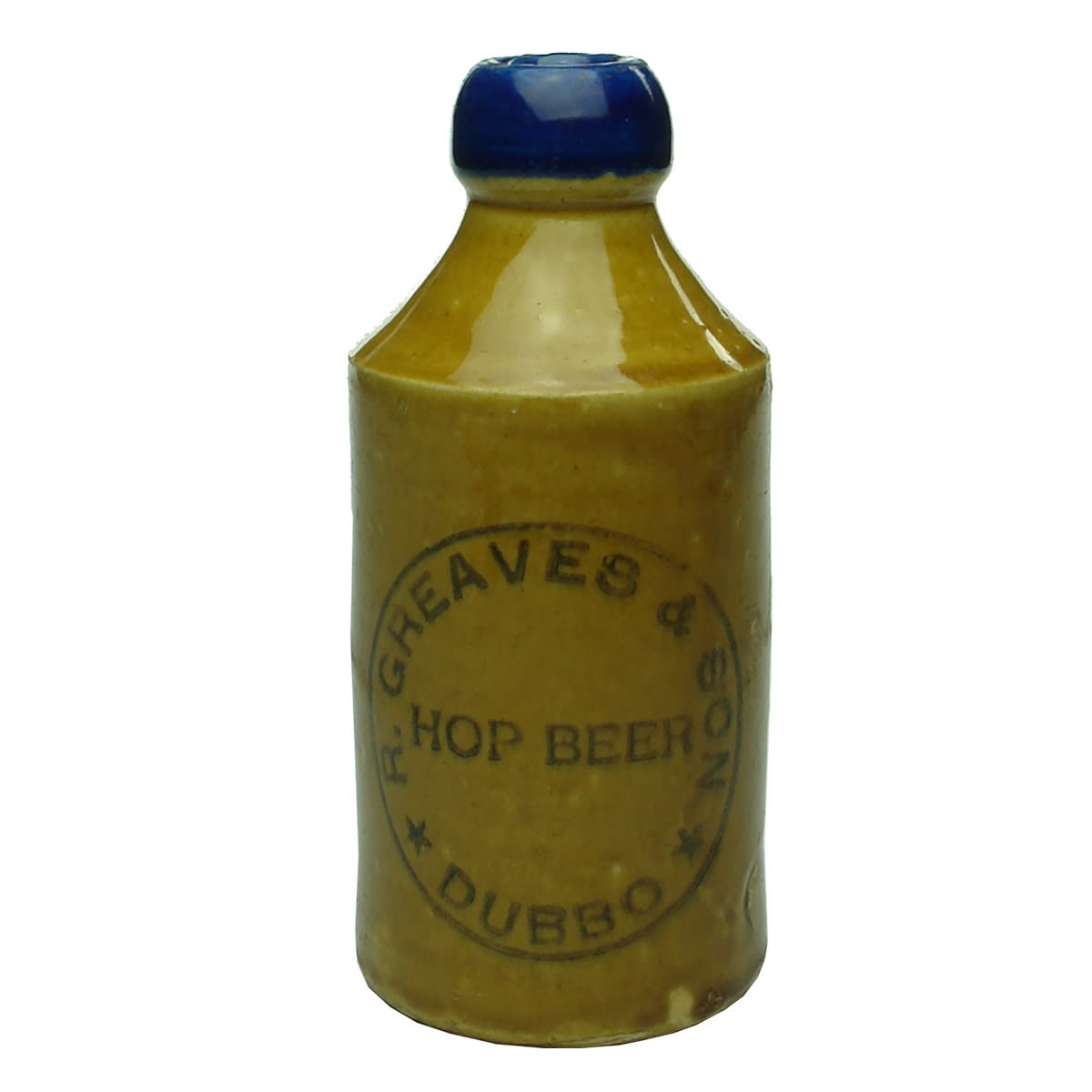 Ginger Beer. R. Greaves & Son, Dubbo. Hop Beer. Blue Lip. Tan body. (New South Wales)