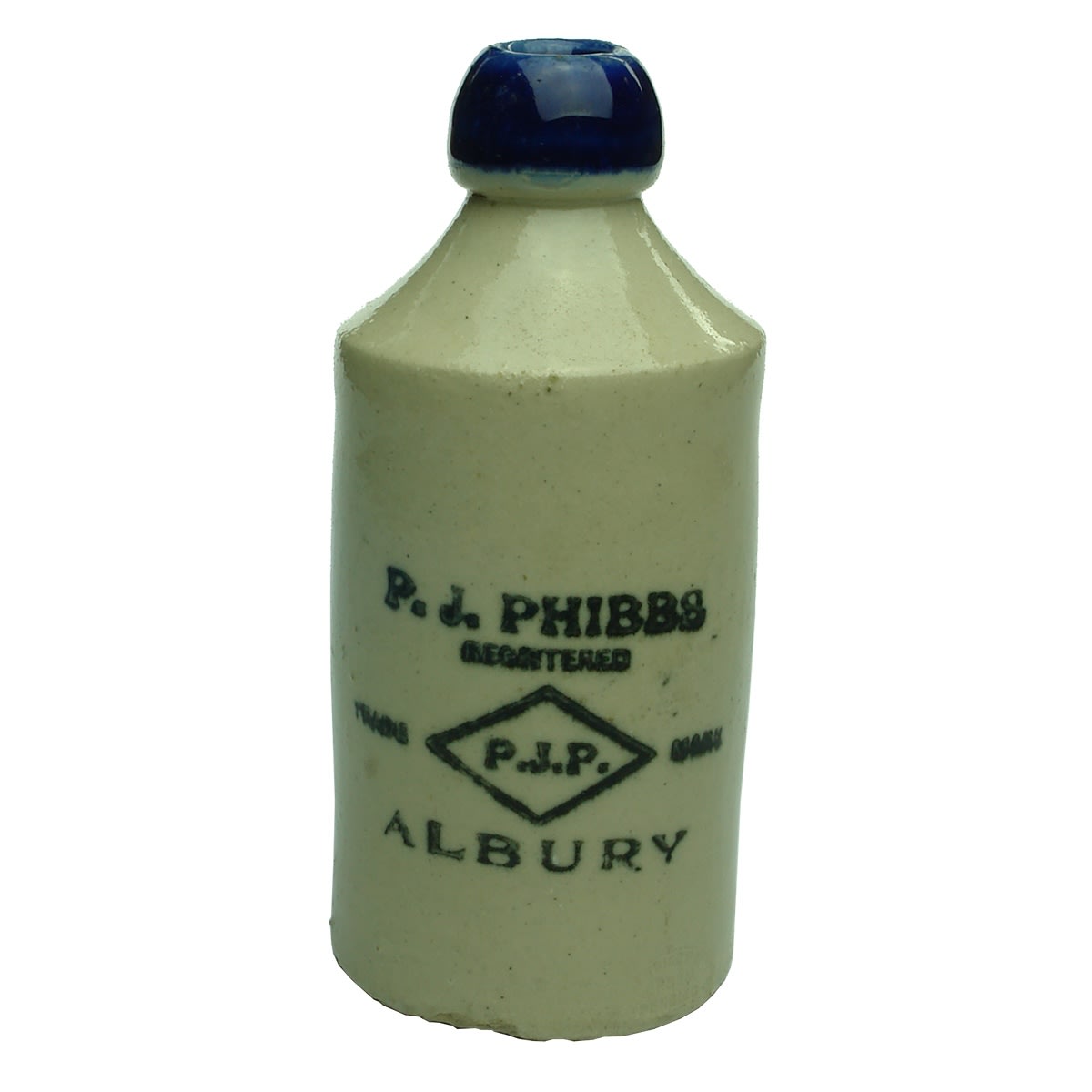 Ginger Beer. P. J. Phibbs, Albury. Blue Lip. Bendigo Pottery. (New South Wales)