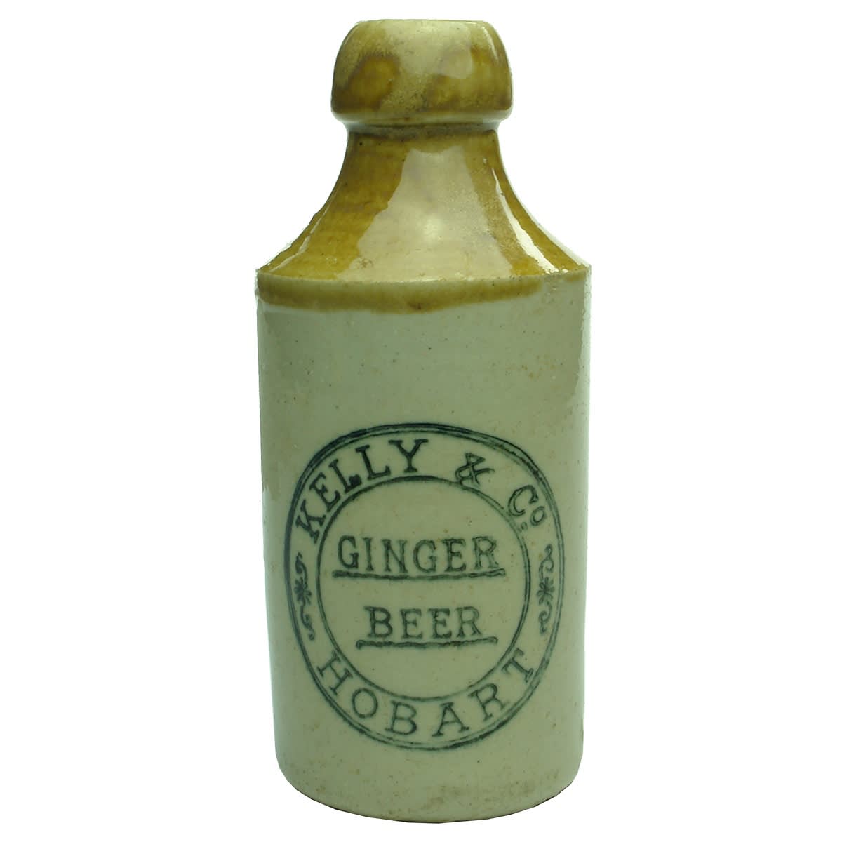 Ginger Beer. Kelly & Co., Hobart. Dump. Tan Top. Bendigo Pottery. (Tasmania)