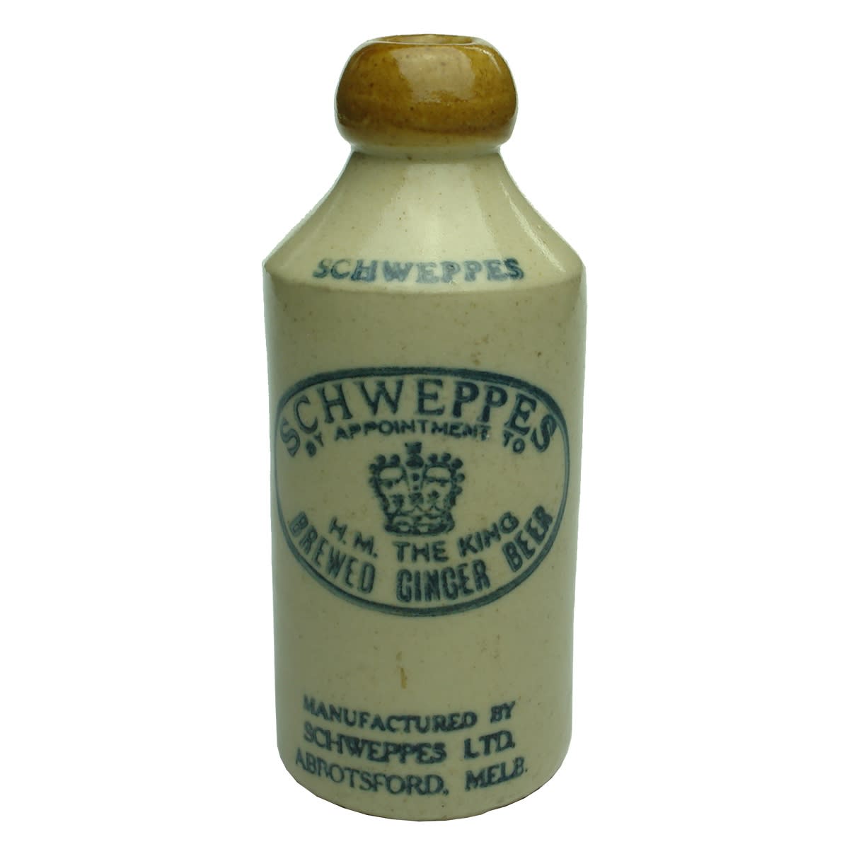 Ginger Beer. Schweppes, By Appointment to H. M. The King. Schweppes Ltd., Abbotsford. Tan lip. (Victoria)