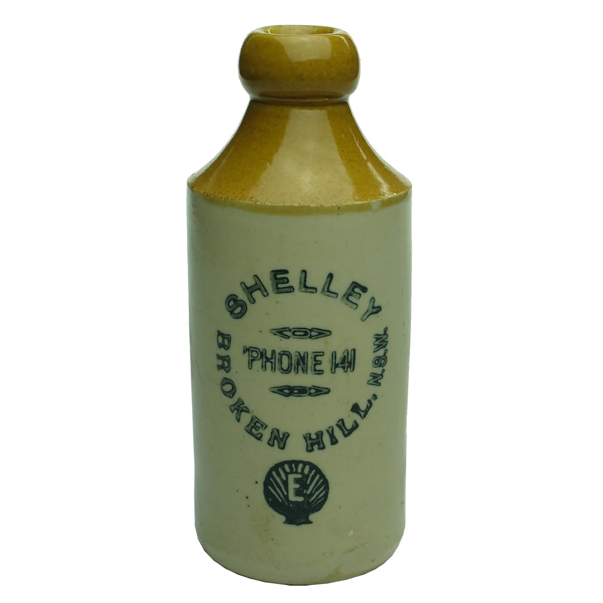 Ginger Beer. Shelley Broken Hill. Phone 141. Scallop Shell with E below main print. (New South Wales)