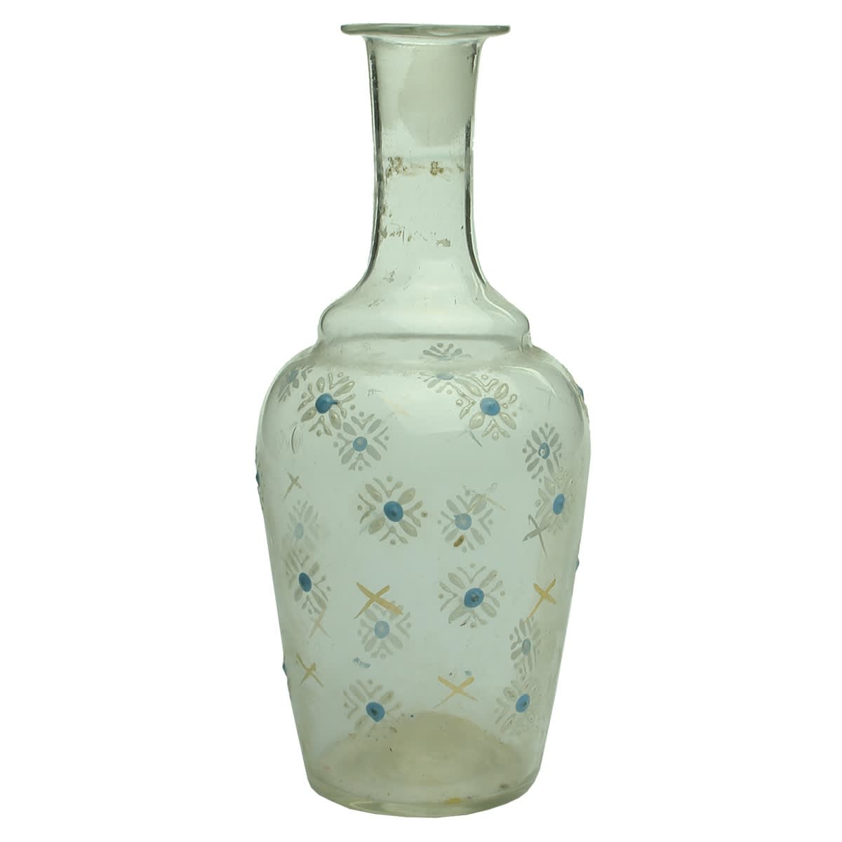 Decorative Sauce or Condiment. Light glass. Enamel flower and gold cross decoration. Pontil scar to base. 22 etched on base.