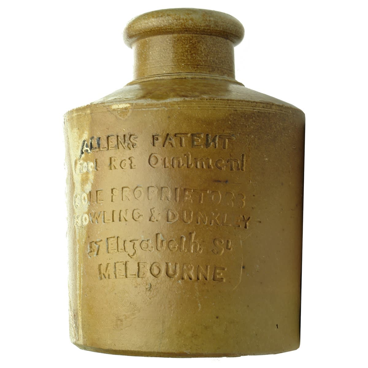 Pottery. Allen's Patent Foot Rot Ointment, Mowling & Dunkley, Melbourne. Impressed. Salt Glaze. 2 Pound. (Reversed N). (Victoria)