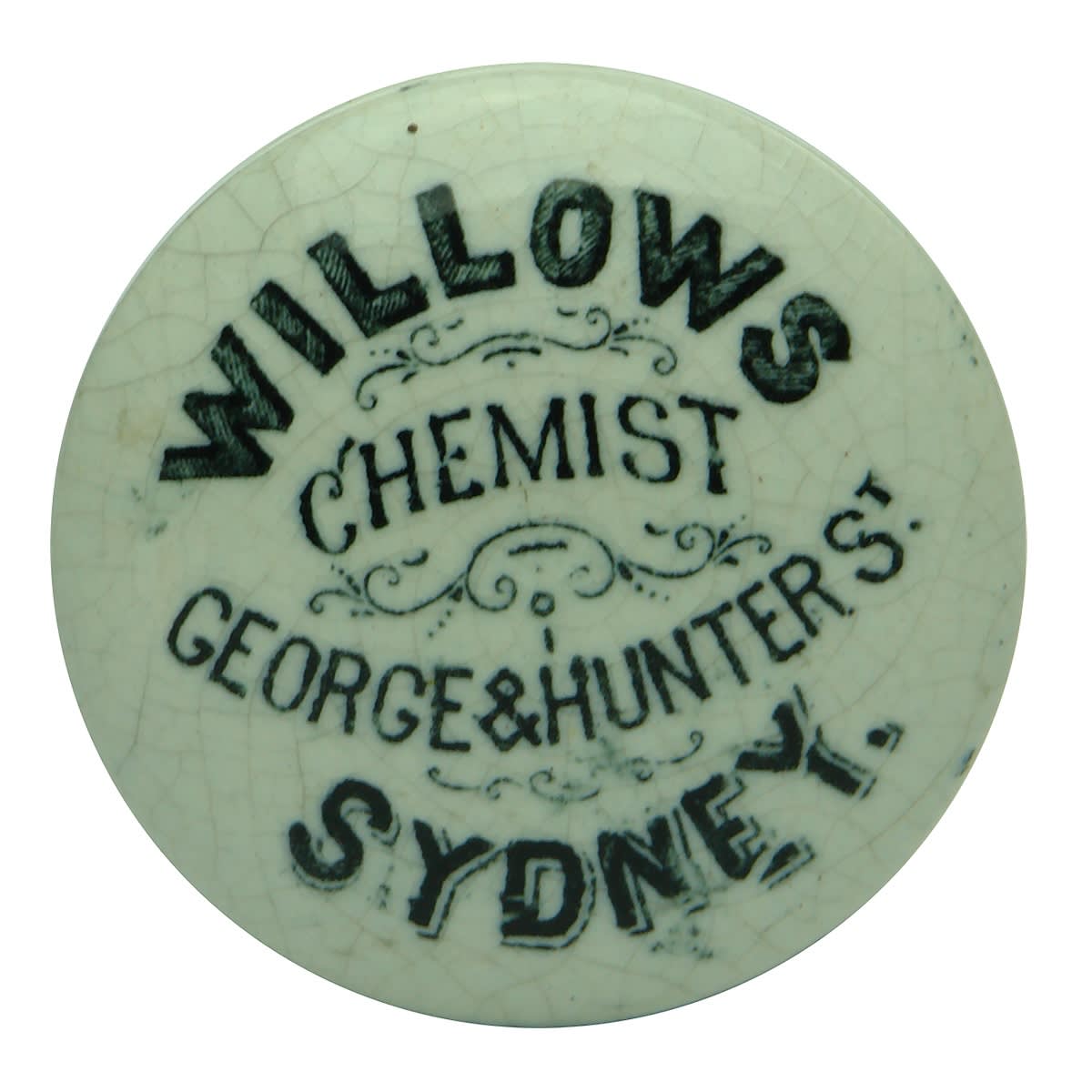 Pot Cap. Willows, Chemist,. George & Hunter St., Sydney. (New South Wales)