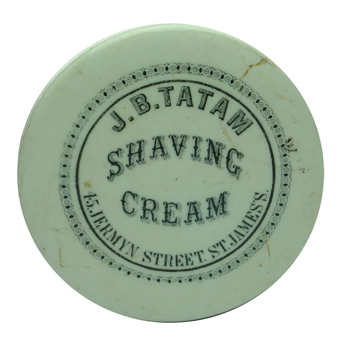 Pot Lid. J. B. Tatam, Shaving Cream, 45 Jermyn Street, St James's. With a fitting base.